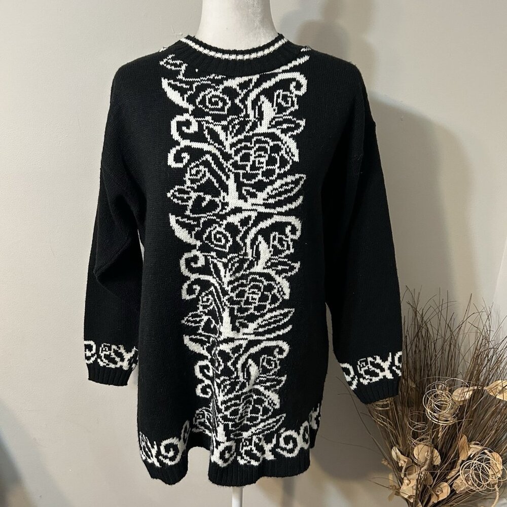 Vtg 80S Trimmings Women Acrylic Sweater Pullover Black White Floral Sz M USA